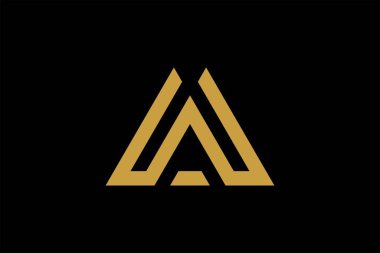 Dağ logosu tasarım vektörü. Üçgen soyut çizim sembolü. AM harfi taslak işareti. Altın macera vektör simgesi.