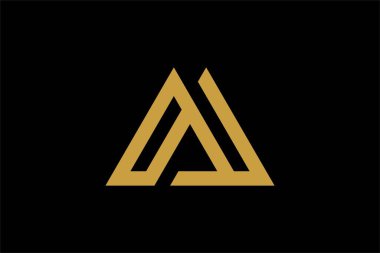 Dağ logosu tasarım vektörü. Üçgen soyut çizim sembolü. AM harfi taslak işareti. Altın macera vektör simgesi.