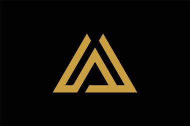 Dağ logosu tasarım vektörü. Üçgen soyut çizim sembolü. AM harfi taslak işareti. Altın macera vektör simgesi.