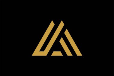 Dağ logosu tasarım vektörü. Üçgen soyut çizim sembolü. AM harfi taslak işareti. Altın macera vektör simgesi.