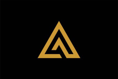 Dağ logosu tasarım vektörü. Üçgen soyut çizim sembolü. AM harfi taslak işareti. Altın macera vektör simgesi.