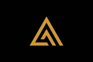 Dağ logosu tasarım vektörü. Üçgen soyut çizim sembolü. AM harfi taslak işareti. Altın macera vektör simgesi.