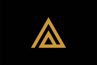 Dağ logosu tasarım vektörü. Üçgen soyut çizim sembolü. AM harfi taslak işareti. Altın macera vektör simgesi.