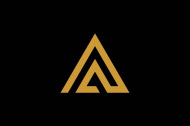 Dağ logosu tasarım vektörü. Üçgen soyut çizim sembolü. AM harfi taslak işareti. Altın macera vektör simgesi.