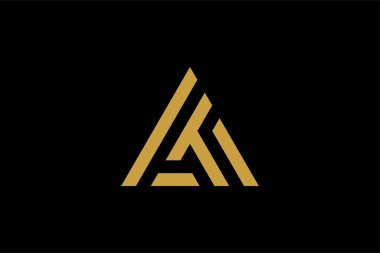 Dağ logosu tasarım vektörü. Üçgen soyut çizim sembolü. AM harfi taslak işareti. Altın macera vektör simgesi.