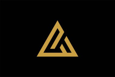 Dağ logosu tasarım vektörü. Üçgen soyut çizim sembolü. AM harfi taslak işareti. Altın macera vektör simgesi.