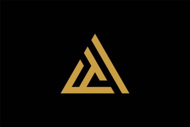 Dağ logosu tasarım vektörü. Üçgen soyut çizim sembolü. AM harfi taslak işareti. Altın macera vektör simgesi.