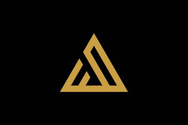 Dağ logosu tasarım vektörü. Üçgen soyut çizim sembolü. AM harfi taslak işareti. Altın macera vektör simgesi.