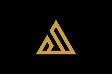 Dağ logosu tasarım vektörü. Üçgen soyut çizim sembolü. AM harfi taslak işareti. Altın macera vektör simgesi.