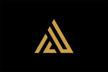 Dağ logosu tasarım vektörü. Üçgen soyut çizim sembolü. AM harfi taslak işareti. Altın macera vektör simgesi.