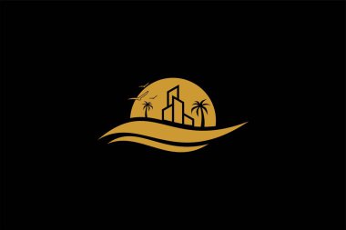 Plaj vektör logosu tasarımı. Gün batımı gün doğumu illüstrasyon işareti vektörü.