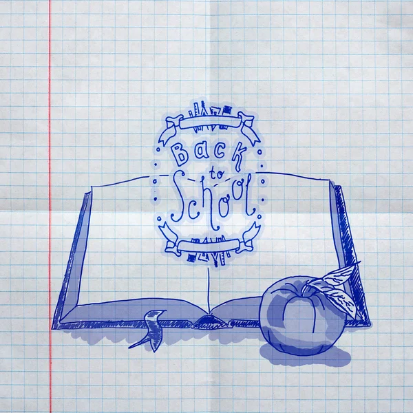 Cartel en hoja de papel texturizado en la celda. Bosquejo dibujado a mano de los libros con texto manuscrito Volver a la escuela . —  Fotos de Stock