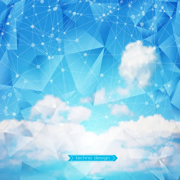 Abstract Geometric Polygonal Shape. Vector Science Background. Futuristic Technology Background. Connecting Dots and Lines Structure. Clouds Heavens Background — Stock Vector