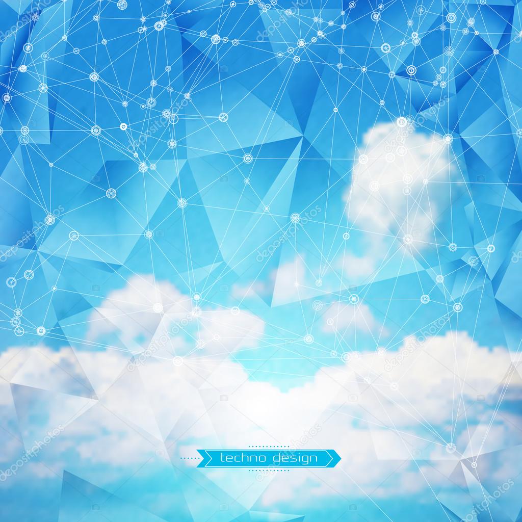 Abstract Geometric Polygonal Shape. Vector Science Background. Futuristic Technology Background. Connecting Dots and Lines Structure. Clouds Heavens Background