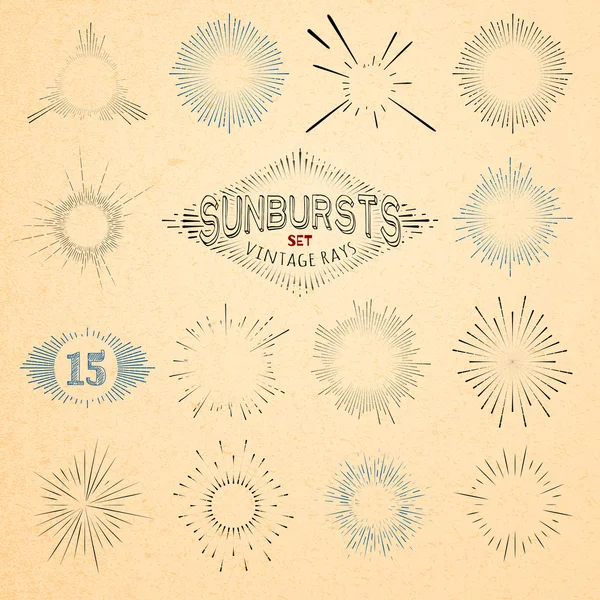 Retro güneş dizi şekilleri patladı. Vektör Trendy Hipster Sunburst tasarım öğeleri koleksiyonu. Patlama güneş ışınları çerçeveler. Işık Ray Vintage tarzı çerçeveler