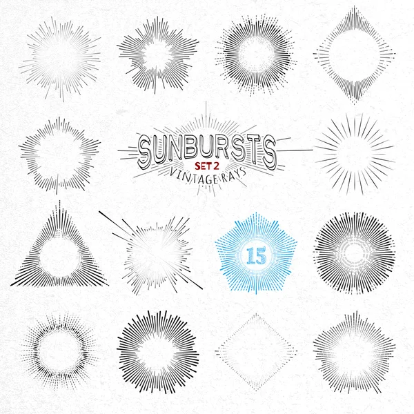 Set of Retro Sun Burst Shapes. Vector Collection of Trendy Hipster Sunburst Design Elements. Bursting Sun Rays Frames. Light Ray Vintage Style Frames — Stock Vector