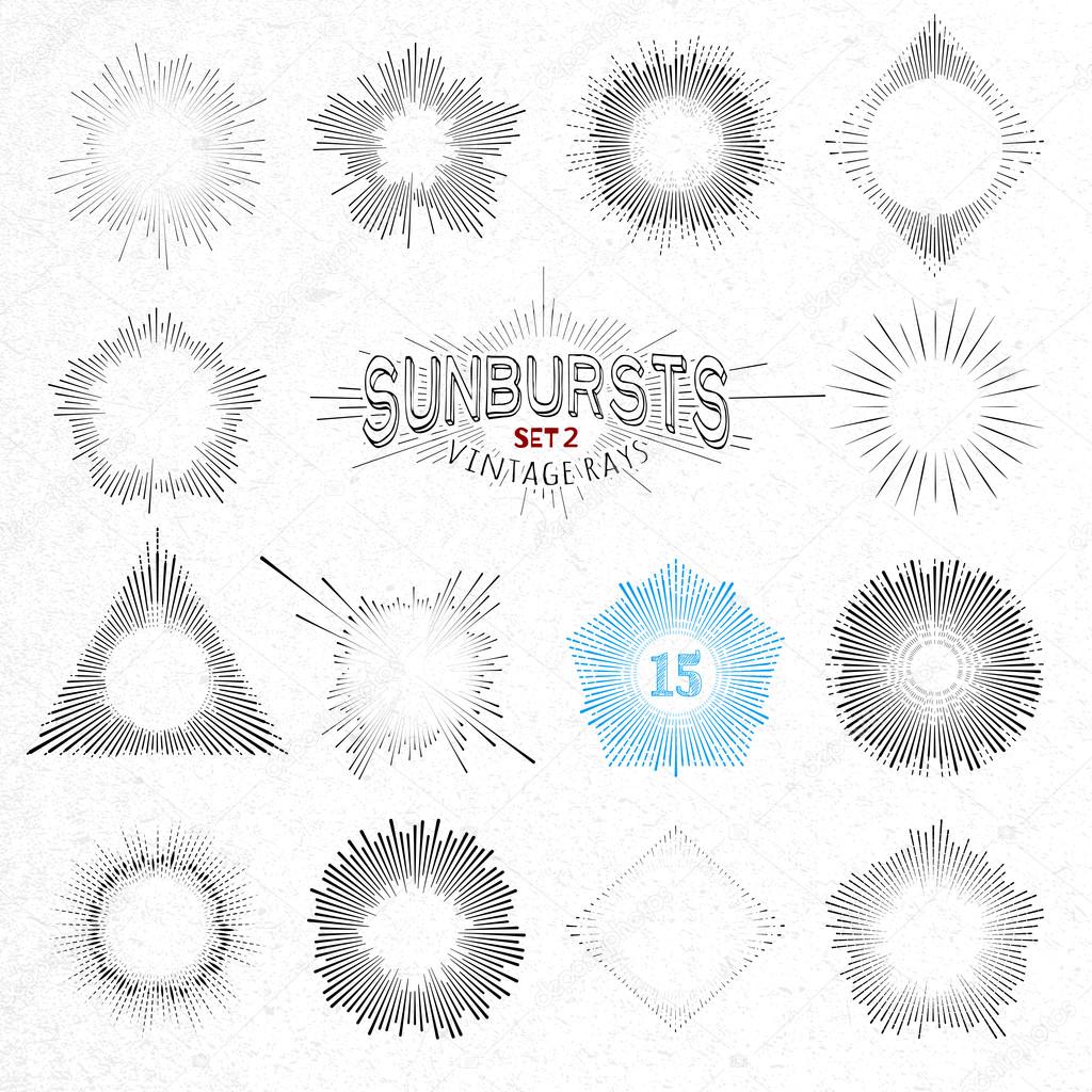 Set of Retro Sun Burst Shapes. Vector Collection of Trendy Hipster Sunburst Design Elements. Bursting Sun Rays Frames. Light Ray Vintage Style Frames