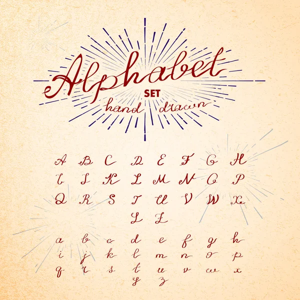 Hand drawn Alphabet. Vector Ink lettering font. Typographic design, Letters, Numbers, Symbols on Paper texture. Vector of Trendy Hipster Sunburst Design Elements — Stock Vector