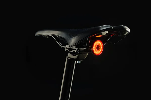 Close Iluminated Bicycle Tail Light Black Background Stok Foto Bebas Royalti