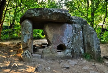 Ormandaki eski oyuncak bebekler. Antika binalar.