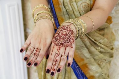 Indian woman's hands in gold bracelets and tattoos. clipart
