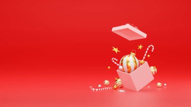 Noel ve yeni yıl arkaplanı, şenlikli dekorasyon ve fotokopi alanı ile birlikte. 3B illüstrasyon