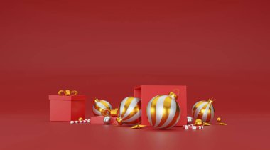 Mutlu noeller ve yeni yıl arkaplanı, şenlikli dekorasyon ve fotokopi alanı ile. 3B illüstrasyon