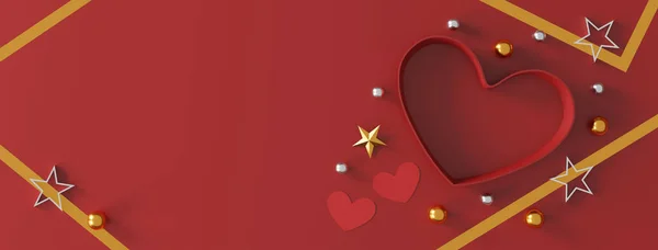 ハッピーバレンタインの日のコンセプト 赤い背景にハート型のギフトボックス テキストのためのスペース 平置きだ 最上階だ 3Dイラスト — ストック写真