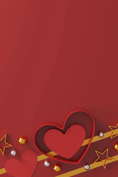 情人节快乐的概念 红底心形礼盒 文字空间 平躺在床上顶视图 3D插图 — 图库照片#