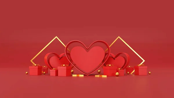 Joyeuse Bannière Saint Valentin Coeur Cadeau Boîte Sur Fond Rouge — Photo