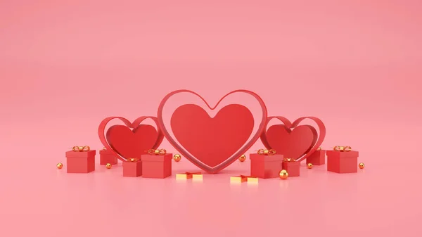 Joyeuse Bannière Saint Valentin Coeur Cadeau Boîte Sur Fond Rose — Photo