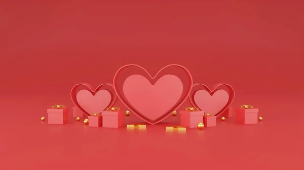 Joyeuse Bannière Saint Valentin Coeur Cadeau Boîte Sur Fond Rouge — Photo