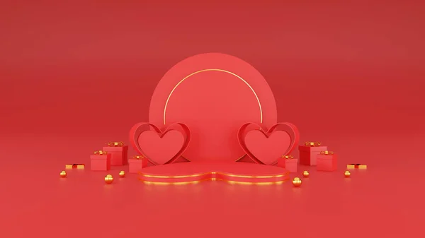 ハッピーバレンタインの日のバナー ピンクの背景にハートギフトボックス テキストのためのスペース 3Dイラスト — ストック写真