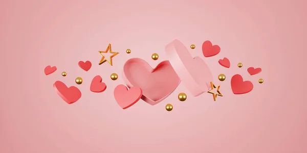 Joyeuse Bannière Saint Valentin Coeur Cadeau Boîte Sur Fond Rose — Photo