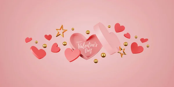 Feliz Banner Dia Dos Namorados Coração Presente Caixa Fundo Rosa — Fotografia de Stock