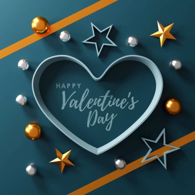 Sevgililer günün kutlu olsun. Yeşil arka planda kalp şeklinde hediye kutusu. Metin için boşluk. Düz yat. Üst Manzara. 3B illüstrasyon