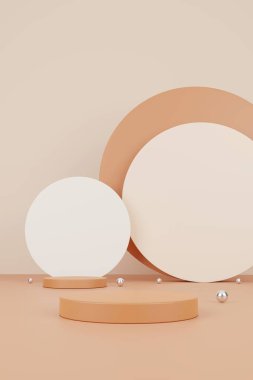 Kozmetik ve gıda konsepti. Geometrik formların olduğu en küçük sahne. Silindir podyum görüntüleme ve gümüş top ya da pastel renkli arka plan ürünü için maket. Metin için boşluk. 3B illüstrasyon