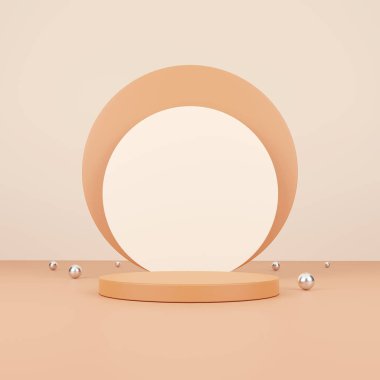Kozmetik ve gıda konsepti. Geometrik formların olduğu en küçük sahne. Silindir podyum görüntüleme ve gümüş top ya da pastel renkli arka plan ürünü için maket. Metin için boşluk. 3B illüstrasyon