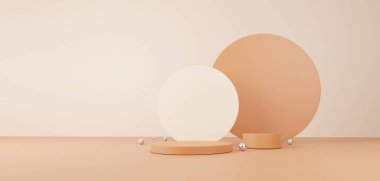 Kozmetik ve gıda konsepti. Geometrik formların olduğu en küçük sahne. Silindir podyum görüntüleme ve gümüş top ya da pastel renkli arka plan ürünü için maket. Metin için boşluk. 3B illüstrasyon