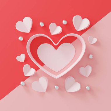 Sevgililer günün kutlu olsun. Kağıt kalp ve gümüş top pembe arka planda. Üst Manzara. Düz yat. Metin için boşluk. 3B illüstrasyon