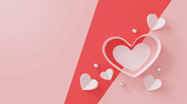 ハッピーバレンタインの日のコンセプト ピンクを基調とした紙のハートとシルバーボール 最上階だ 平置きだ テキストのためのスペース 3Dイラスト — ストック写真