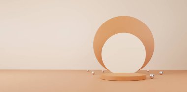 Kozmetik ve gıda konsepti. Geometrik formların olduğu en küçük sahne. Silindir podyum görüntüleme ve gümüş top ya da pastel renkli arka plan ürünü için maket. Metin için boşluk. 3B illüstrasyon