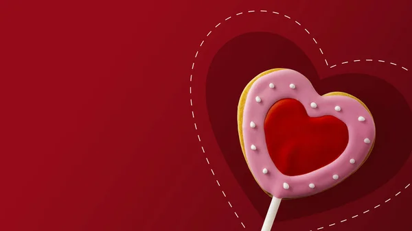 Glücklicher Valentinstag Herzförmige Kekse Auf Rotem Hintergrund Raum Für Text — Stockfoto