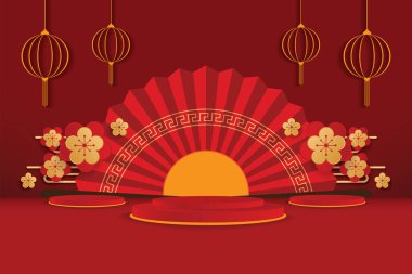 Mutlu Çin Yeni Yıl konsepti. Geometrik formların olduğu en küçük sahne. Silindir podyum görüntüleme veya ürün için kırmızı arkaplan. Metin için alan. vektör illüstrasyonu