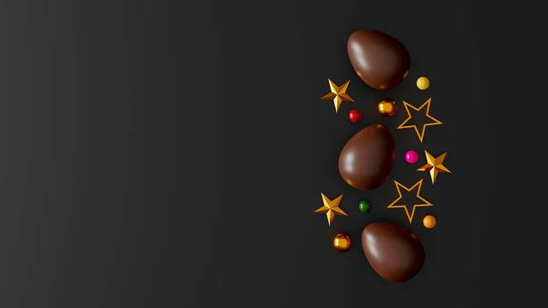 Ovos Páscoa Chocolate Fundo Escuro Vista Superior Deitado Ilustração — Fotografia de Stock