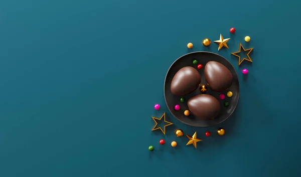 Ovos Páscoa Chocolate Fundo Escuro Verde Vista Superior Deitado Ilustração — Fotografia de Stock