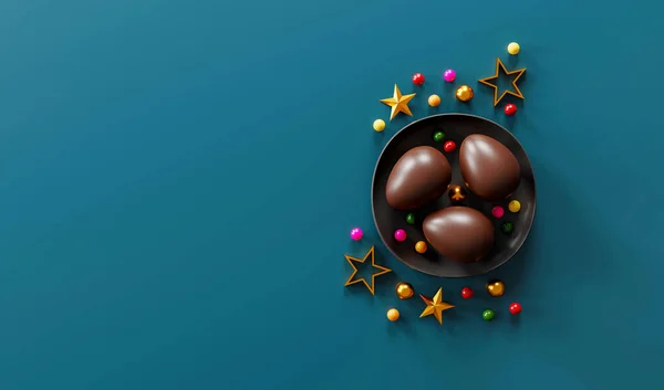 Csokoládé Húsvéti Tojás Zöld Sötét Háttér Kiváló Kilátás Lapos Fekvés — Stock Fotó