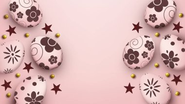 Pembe kağıttan arka planda paskalya yumurtaları, üst manzara