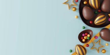 Mavi arka planda çikolatalı paskalya yumurtaları. Tebrik kartı, poster, afiş şablonu. Üst Manzara. Düz yat. 3B illüstrasyon 