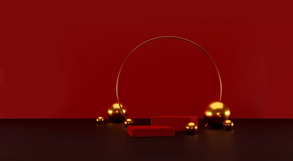 Minimális Helyszín Geometriai Formákkal Hengeres Piros Dobogós Kijelző Arany Golyó — Stock Fotó